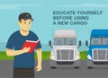 Checklist for truck drivers. Educate yourself before using a new cargo. Semi-trailer driver reading a book.