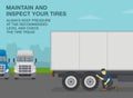 Checklist for truck drivers. Maintain and inspect tires. Semi-trailer driver checking the tires.