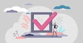 Checkmark approval concept, flat tiny person vector illustration