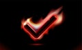 Checkmark Burning Fire icon, tick flames, symbol with Sparks effect. Modern ui fiery Heat. Flares Design presentation, Isolated On