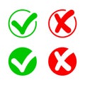 Checkmark and cross. Icon of true. Check answer. Wrong, correct, incorrect and right symbols. x or ok. Green yes, red dont.