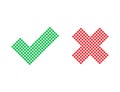 Checkmark and cross icons. Red and green positive and negative answer. Correct and incorrect sign. Yes and no iocns. Dotted style