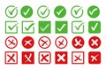 Checkmark and cross icons. Verification sign, approved and denied marks. Accepted and rejected different styles vector