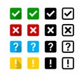 Checkmark cross question exclamation sign or mark. Isolated vector signs symbols. Checkmark icon set.  Flat vector collection of Royalty Free Stock Photo