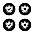 Checkmark and cross shield icon on black circle. Check and x symbol vector