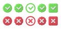 Checkmark 3d icons. Checklist green tick and red cross. Accepted and decline, true or false and verified sign vector set