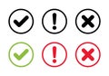 Checkmark, exclamation and cross mark icon on circle line. Check, warning, and x symbol vector
