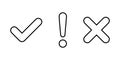 Checkmark, exclamation mark and x cross icon vector in line style