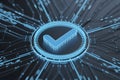 Glowing check mark on a futuristic circuit board represents technology and digital confirmation process Royalty Free Stock Photo