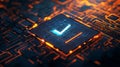 A checkmark icon on a radiant grid background, signifying a futuristic technological concept. Royalty Free Stock Photo