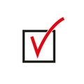 Checkmark icon. Red check mark in the black box. Simple linear vector illustration on a white background Royalty Free Stock Photo