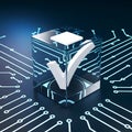 Checkmark inside transparent cube on blue circuitry background, high tech achievement theme Royalty Free Stock Photo