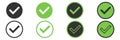 Checkmark tick set on white background. Isolated green tick collection in different style. Done and correct icons in green.