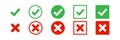 Checkmark vector icon. green tick check mark, red cross. Wrong correct isolated signs white background. x symbol vote logo