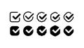 Checkmarks. Yes check mark icons, black simple checkbox signs, voting approval and agreement signs, simple glyph symbols