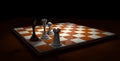 Checkmate the black king with the queen, a pawn and a white tower on a bright brown and white chess board on a dark brown surface