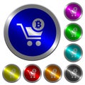 Checkout with Bitcoin cart luminous coin-like round color buttons Royalty Free Stock Photo