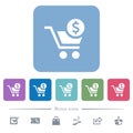 Checkout with Dollar cart flat icons on color rounded square backgrounds