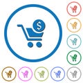 Checkout with Dollar cart flat round icons icons with shadows and outlines Royalty Free Stock Photo