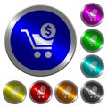 Checkout with Dollar cart luminous coin-like round color buttons Royalty Free Stock Photo