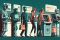 checkout line with various people, robots and devices, each using different payment methods