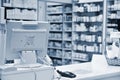 Checkout the pharmacy. Interior pharmacies and blurred background. Royalty Free Stock Photo