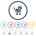 Checkout with Pound cart flat color icons in round outlines