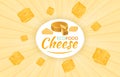 Cheddar cheese logo, emmental frame. Realistic gouda round slices, yellow texture. Flying pieces. Healthy milk product