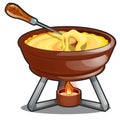 Cheddar and hot cheese fondue isolated on a white background. Cartoon vector close-up illustration.