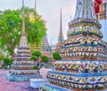 The colorful tiled patterns of small chedis in Wat Pho temple, Bangkok, Thailand