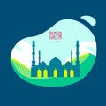 Cheeful ramadan kareem background, illustration with nature scene, hill and mosque flat illustration