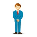 Cheeky caucasian man in business suit posing. Closed posture.