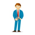 Cheeky caucasian man in business suit posing. Holding gadget or book.