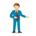 Cheeky caucasian man in business suit posing. Pointing gesture