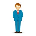 Cheeky caucasian man in business suit posing. Standing with hands behind.