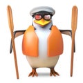 Cheeky sailor penguin in captains hat and lifejacket holding two oars, 3d illustration