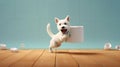 Cheeky white puppy stealing roll of toilet paper