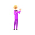 Cheepful illusionist showing trick with playing cards. Magic focus. Cartoon blond male character in elegant purple suit