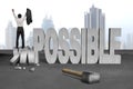 Cheer bussinessman stand on crushing impossible 3D concrete word