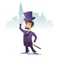 Cheer Greeting Meet Great Britain Victorian Gentleman Businessman Character Icon on Stylish English City Background