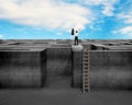 Cheered businessman climbing on top of Maze wall with sky