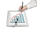 Cheered businessman with growth trend arrow and chart on tablet