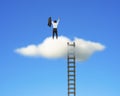 Cheered businessman on top of cloud with ladder, blue sky