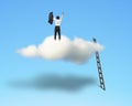 Cheered businessman on top of cloud with wooden ladder
