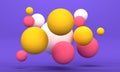 Cheerful abstract background with flying colored spheres on a lilac background. 3d rendering