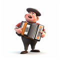 Cheerful accordionist, accordion player, musician, funny cute cartoon 3d illustration on white background, Royalty Free Stock Photo