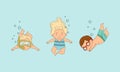 Cheerful active kids swimming in swimming pool. Children performing water sports activity cartoon vector illustration