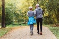 Cheerful active senior couple jogging in the park