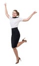 Cheerful adult businesswoman in skirt jumping. Royalty Free Stock Photo