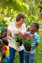 Cheerful african american boy and grandmother carrying potted flowering plants in backyard